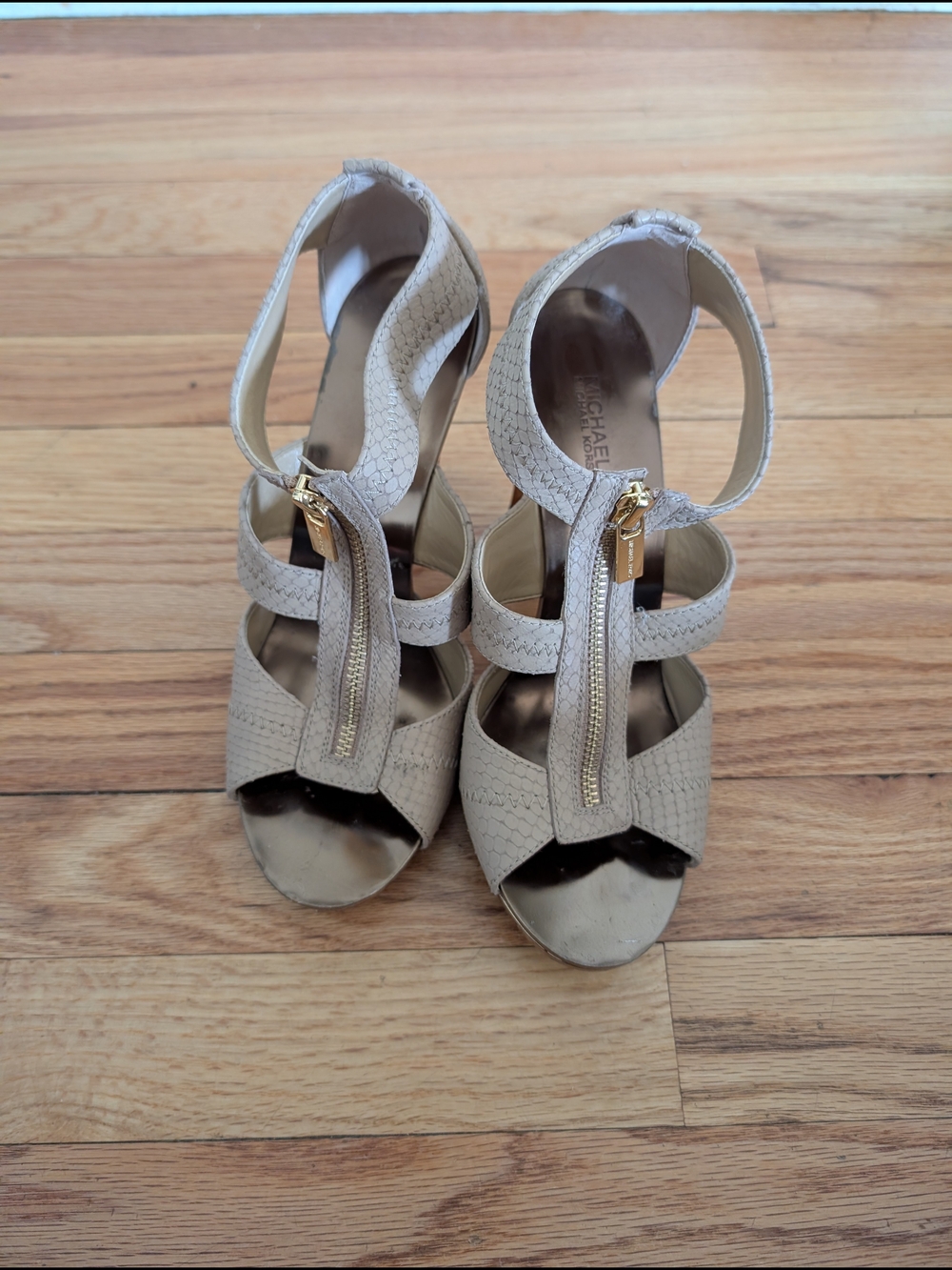 Michael Kors Taupe Zip-Front Strappy Wedge Sandals